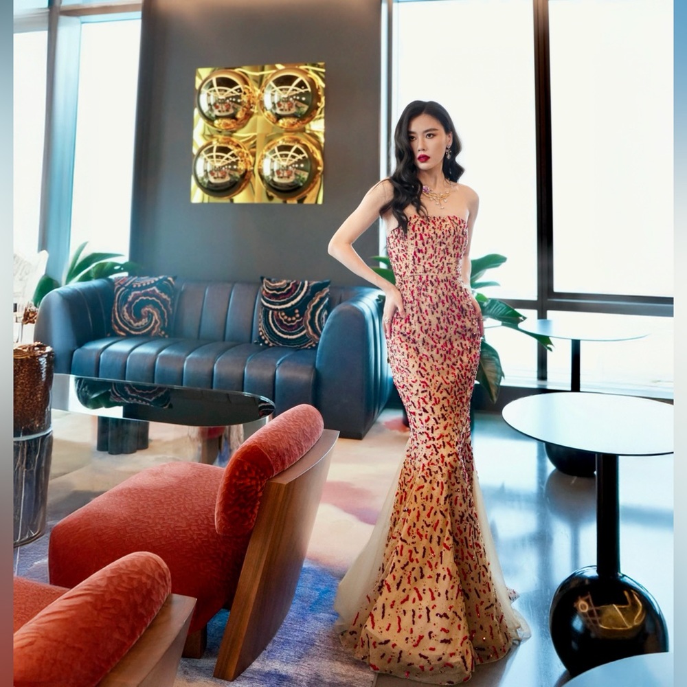 Rachel Gilbert Red Crystal Hand Embellished Strapless Mermaid Gown AU1/US4